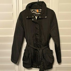 NWT Lucy charcoal urbanchic belted parka w/ zebra print lining. Size medium.